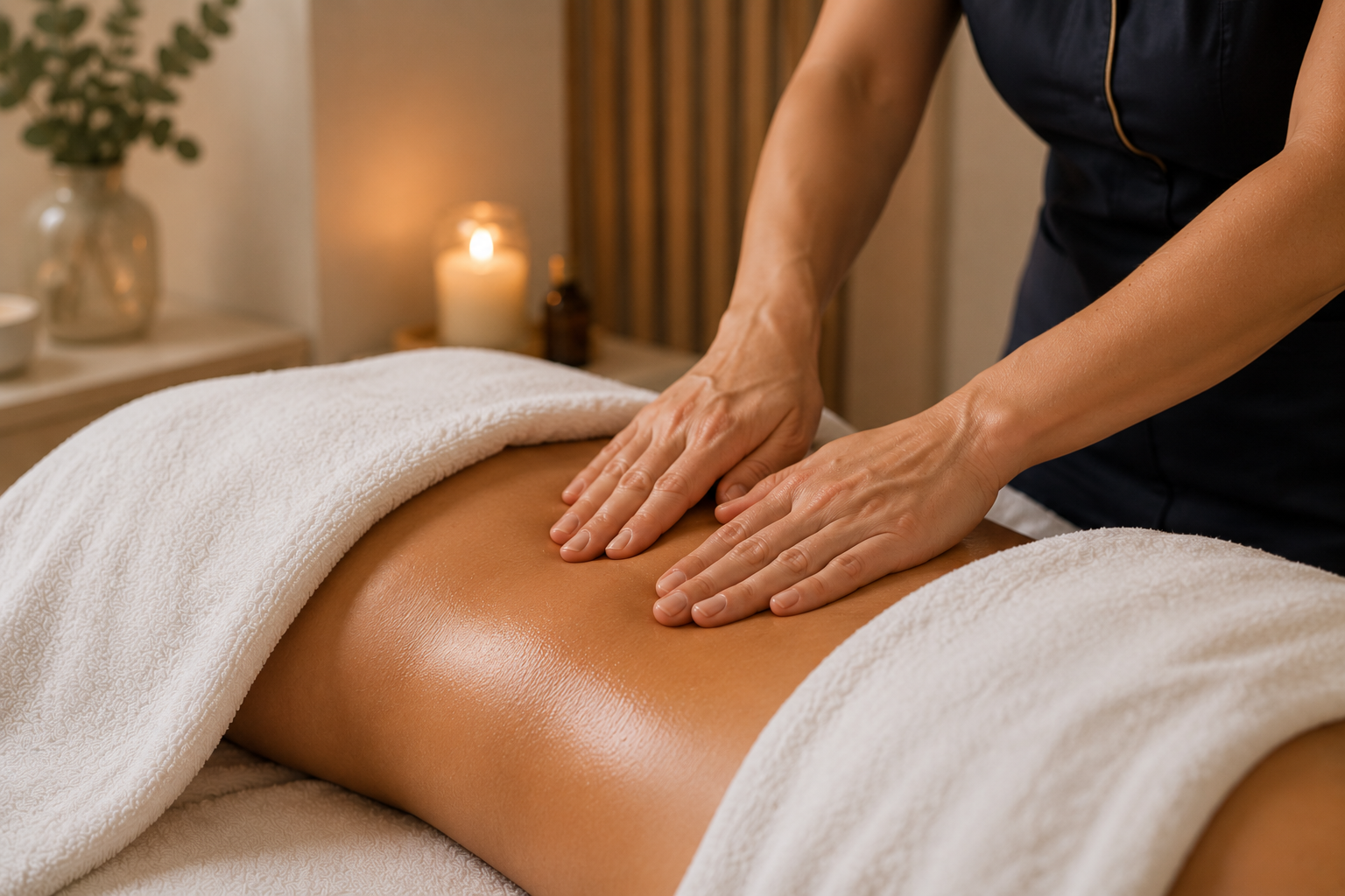 Therapeutic back massage in a candlelit treatment room