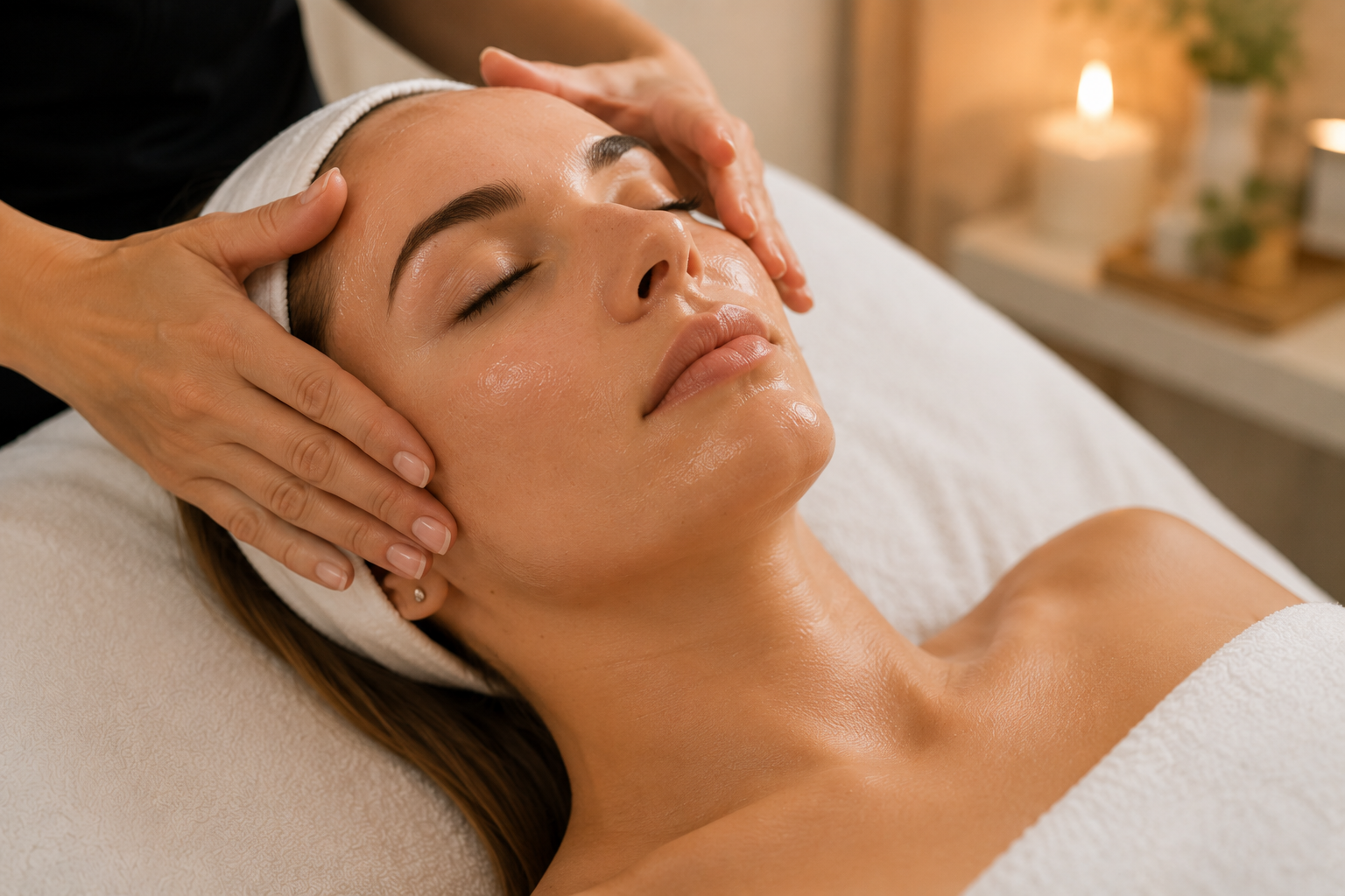 A client receiving a relaxing facial treatment at Glowell Clinic